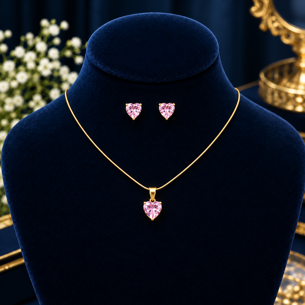 Pink Heart Pendant Necklace & Earrings Set for Women | Elegant Gold-Plated Jewelry Set