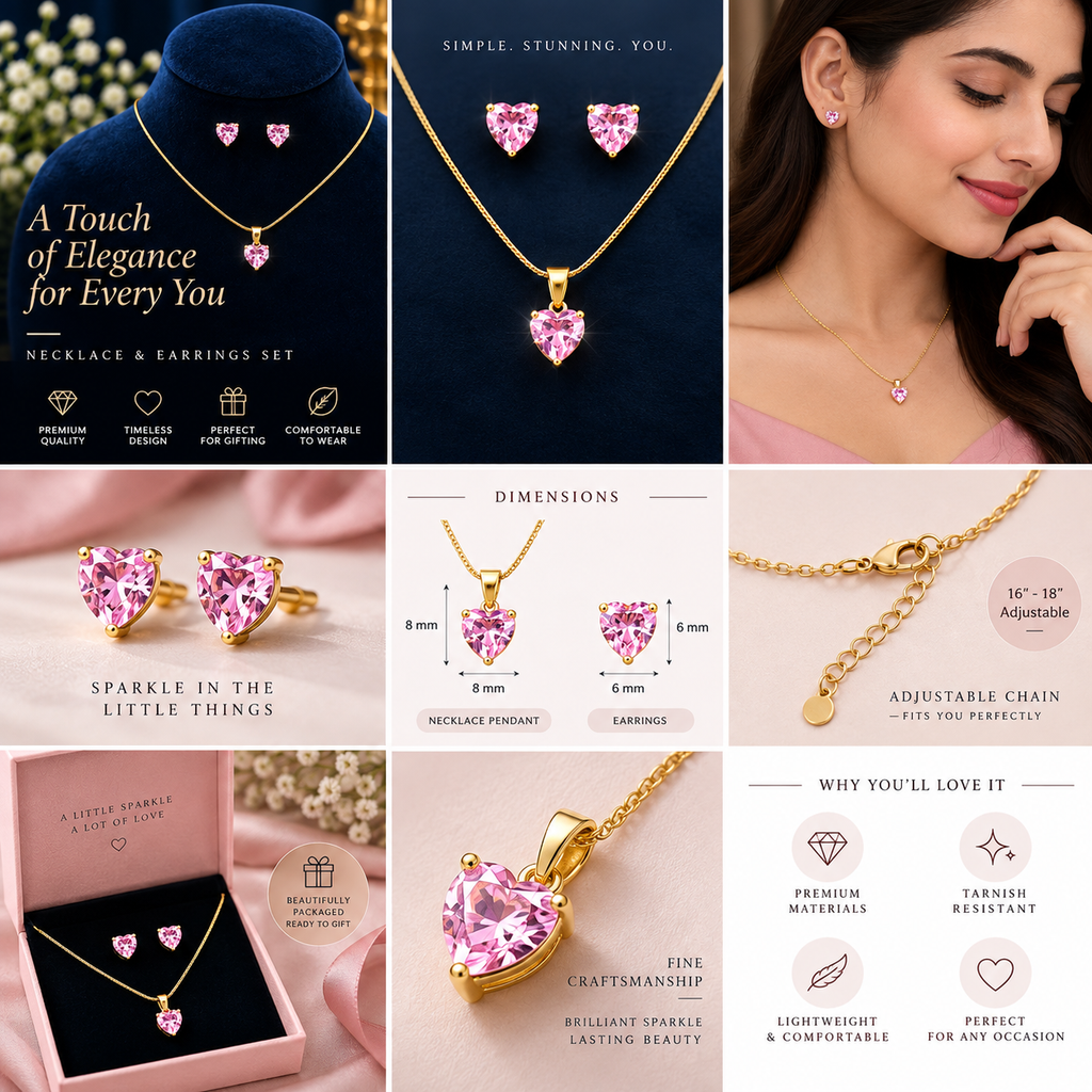 Pink Heart Pendant Necklace & Earrings Set for Women | Elegant Gold-Plated Jewelry Set