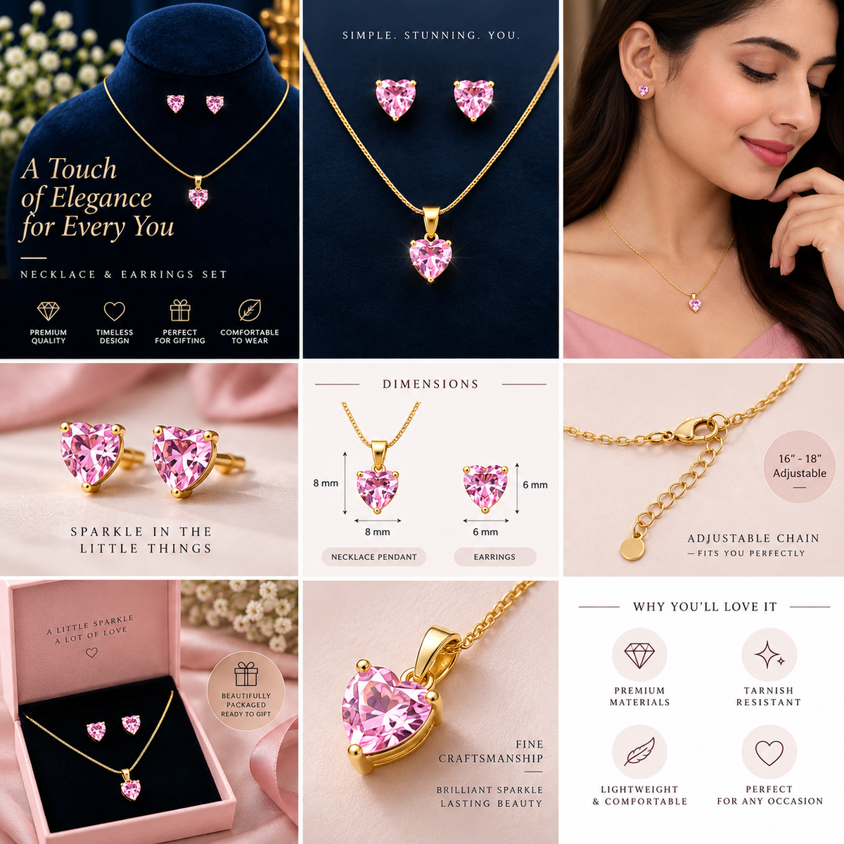 Pink Heart Pendant Necklace & Earrings Set for Women | Elegant Gold-Plated Jewelry Set