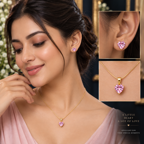 Pink Heart Pendant Necklace & Earrings Set for Women | Elegant Gold-Plated Jewelry Set