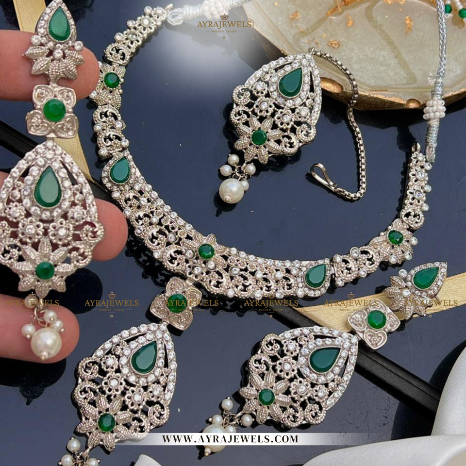 Zarcon Party Wear Necklace with Earrings & Teeka – Elegant Gold & Silver Finish