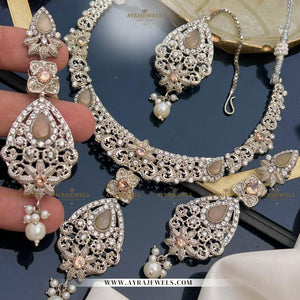 Zarcon Party Wear Necklace with Earrings & Teeka – Elegant Gold & Silver Finish