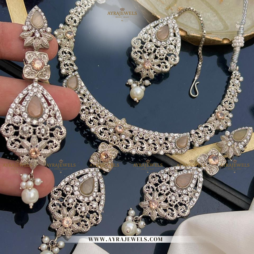 Zarcon Party Wear Necklace with Earrings & Teeka – Elegant Gold & Silver Finish