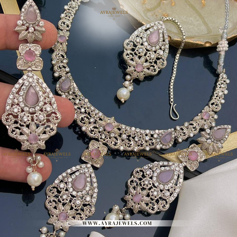 Zarcon Party Wear Necklace with Earrings & Teeka – Elegant Gold & Silver Finish