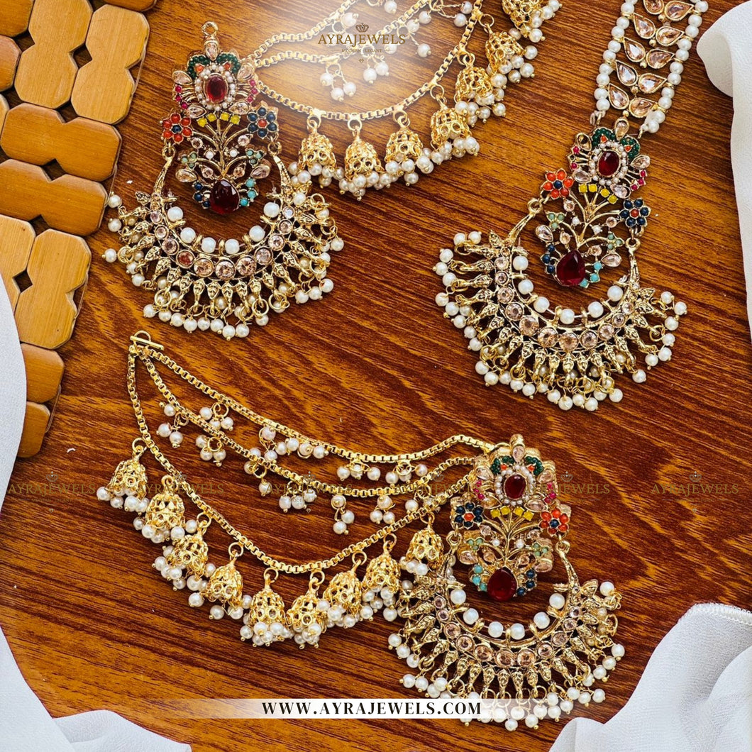 Nouratan Earrings with Heavy Jhoomki, Sahara & Teeka – Bridal Style Jewellery
