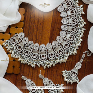 Zarcon Party Wear Necklace with Earrings & Teeka – Gold & Silver Finish