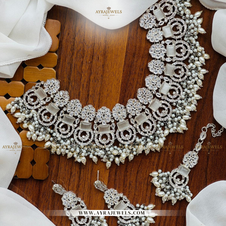 Zarcon Party Wear Necklace with Earrings & Teeka – Gold & Silver Finish
