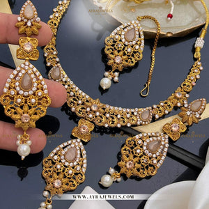 Zarcon Party Wear Necklace with Earrings & Teeka – Elegant Gold & Silver Finish