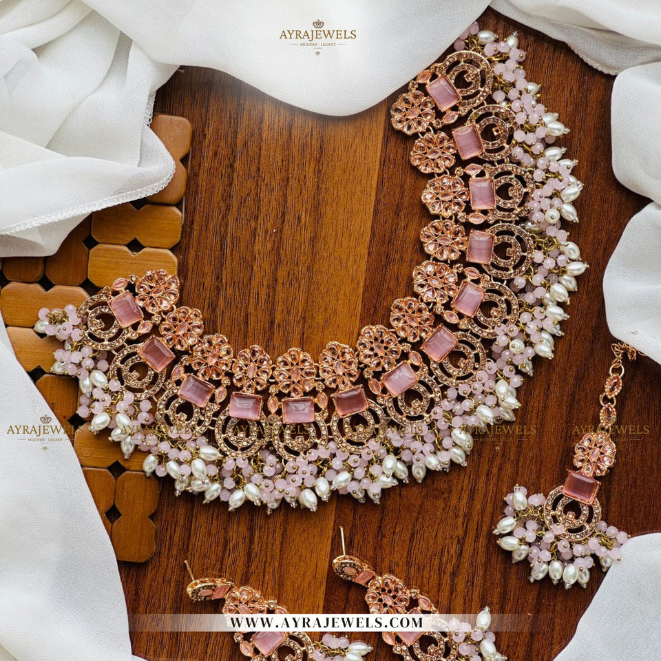 Zarcon Party Wear Necklace with Earrings & Teeka – Gold & Silver Finish