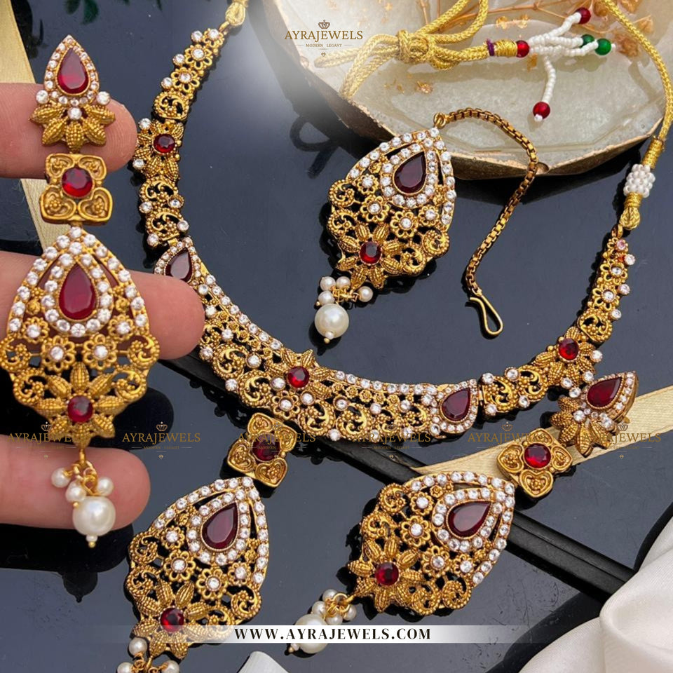 Zarcon Party Wear Necklace with Earrings & Teeka – Elegant Gold & Silver Finish