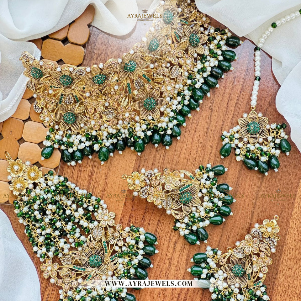 3D Bridal Collar Set with Earrings, Teeka & Jhoomar – Luxurious Wedding Jewellery