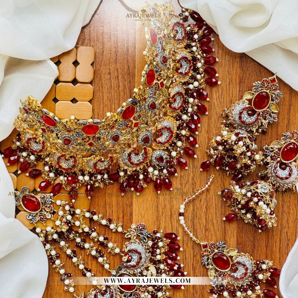 3D Zarqoon Bridal Set with Lightweight Earrings, Teeka & Jhumar