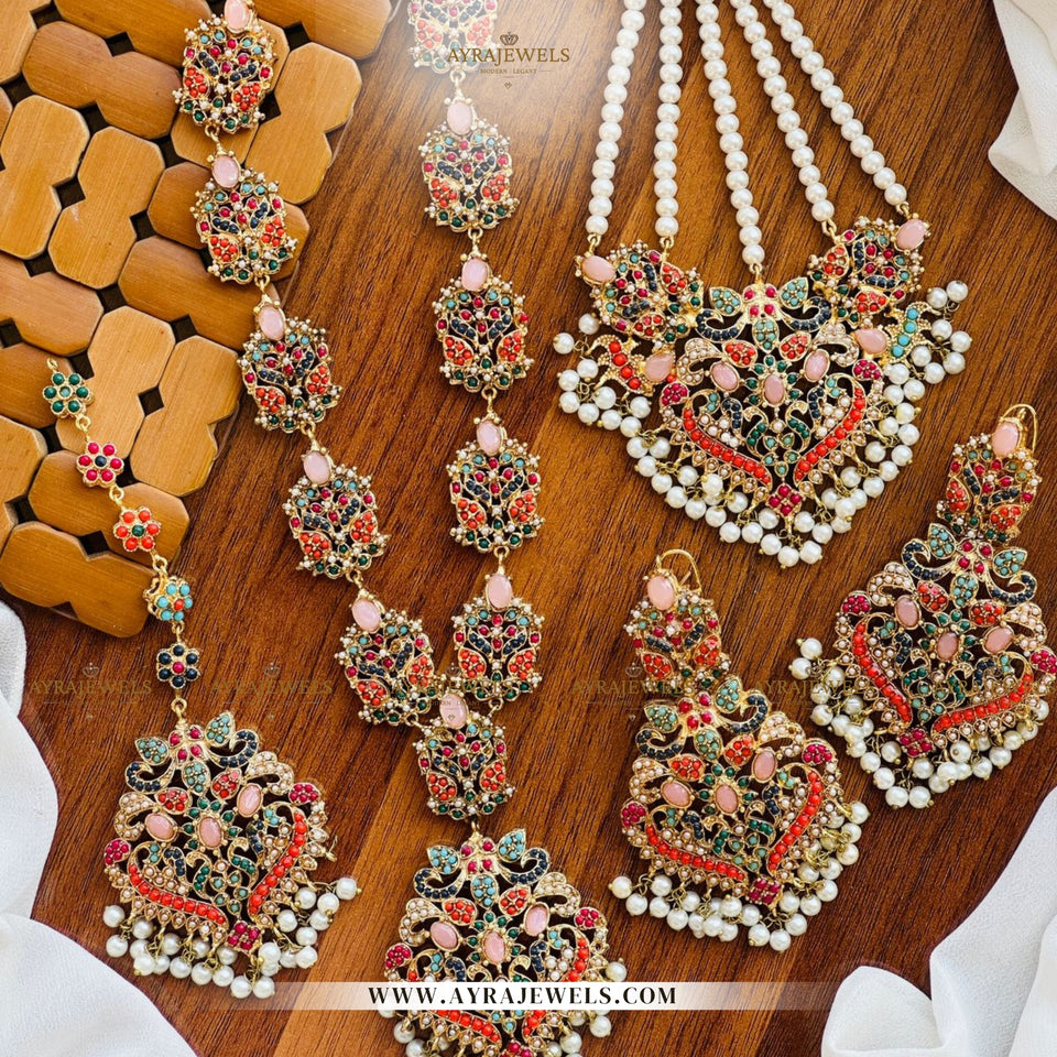 Nauratan Maala Set – With Earrings, Teeka & Jhumar | Bridal Jewellery