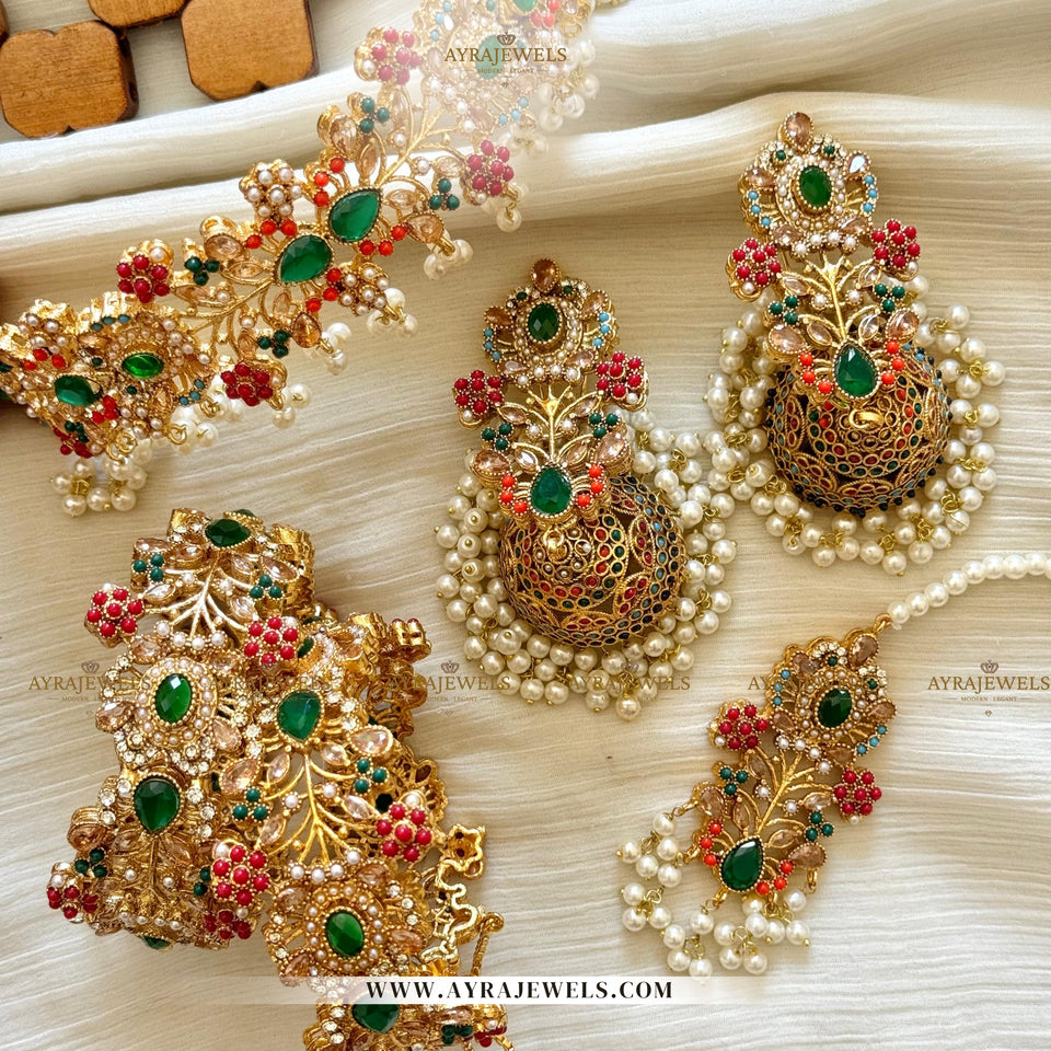 Nouratan Collar Bridal Set with Jhoomka, Teeka & Openable Bangles