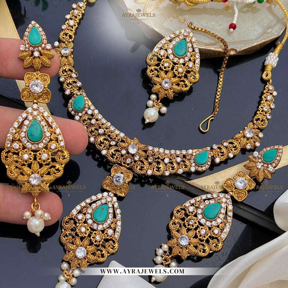 Zarcon Party Wear Necklace with Earrings & Teeka – Elegant Gold & Silver Finish