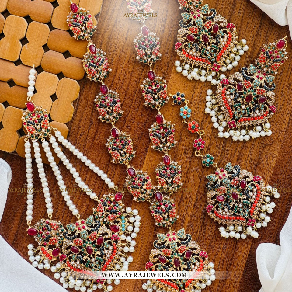 Nauratan Maala Set – With Earrings, Teeka & Jhumar | Bridal Jewellery