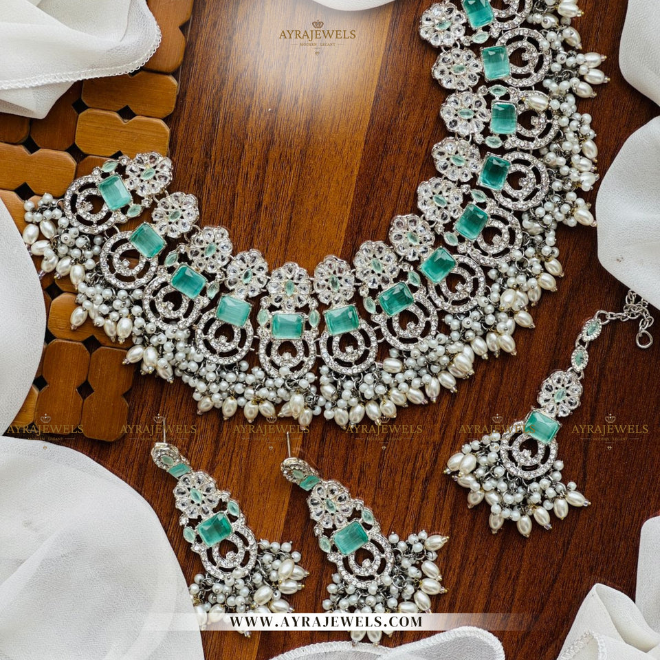 Zarcon Party Wear Necklace with Earrings & Teeka – Gold & Silver Finish