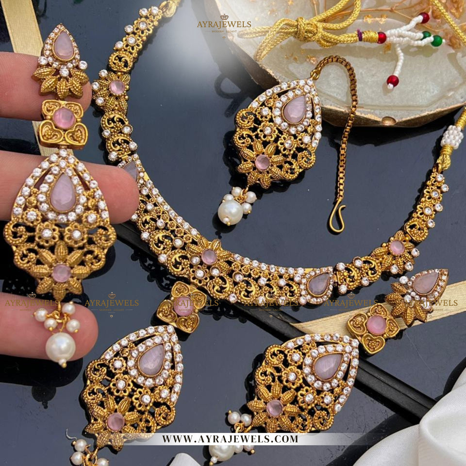 Zarcon Party Wear Necklace with Earrings & Teeka – Elegant Gold & Silver Finish
