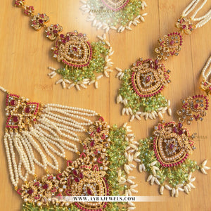 Nouratan Bridal Set – Choker, Earrings with Sahara, Teeka & Jhoomar | Ruby with Green