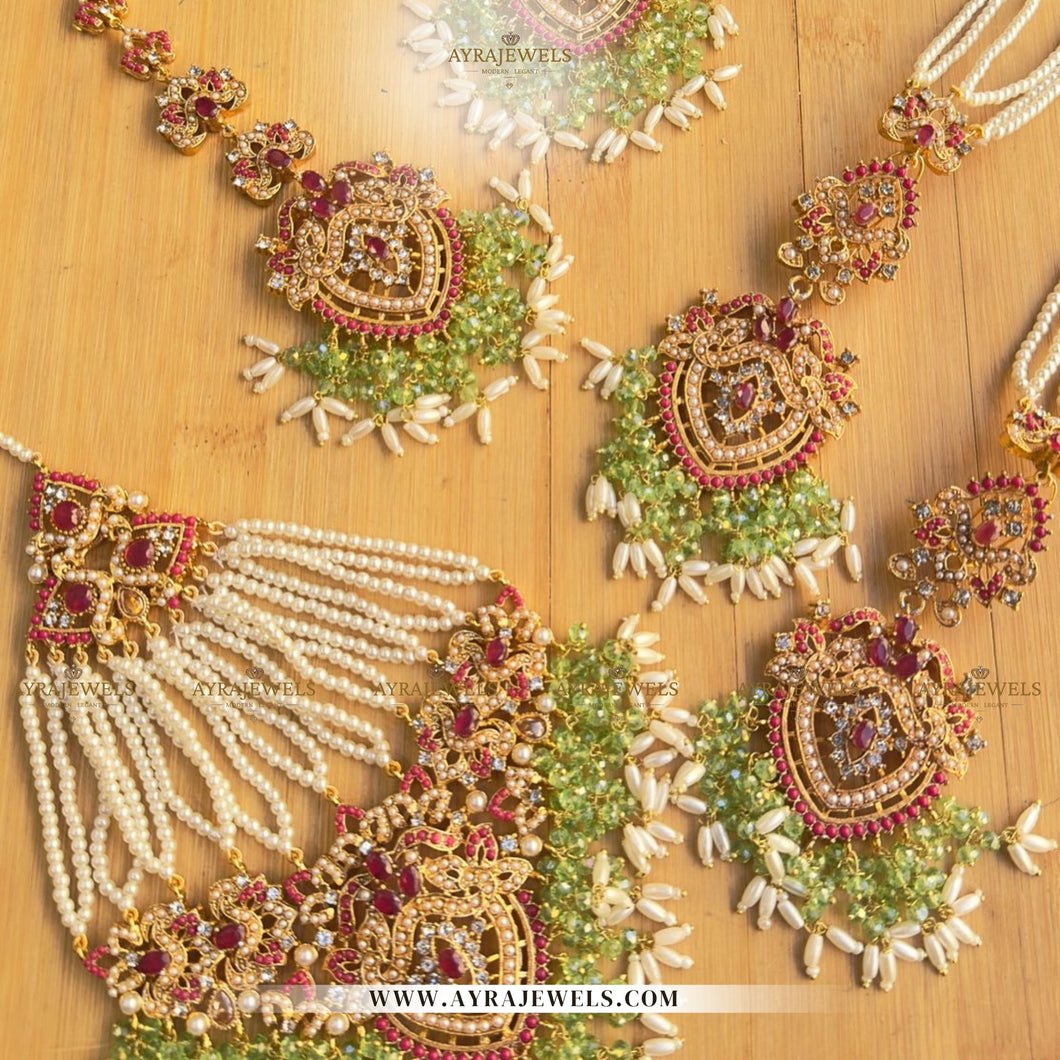 Nouratan Bridal Set – Choker, Earrings with Sahara, Teeka & Jhoomar | Ruby with Green