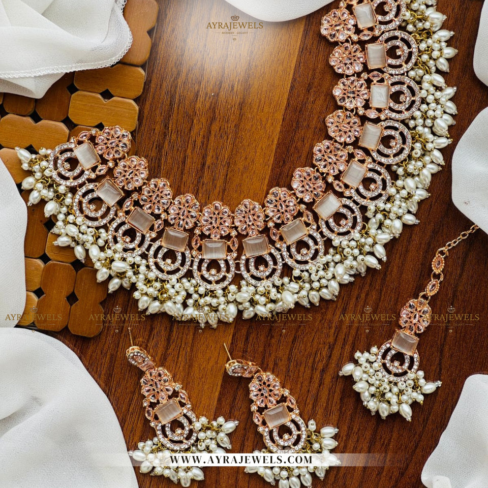 Zarcon Party Wear Necklace with Earrings & Teeka – Gold & Silver Finish