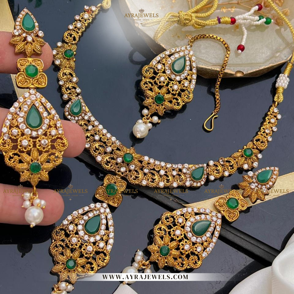 Zarcon Party Wear Necklace with Earrings & Teeka – Elegant Gold & Silver Finish