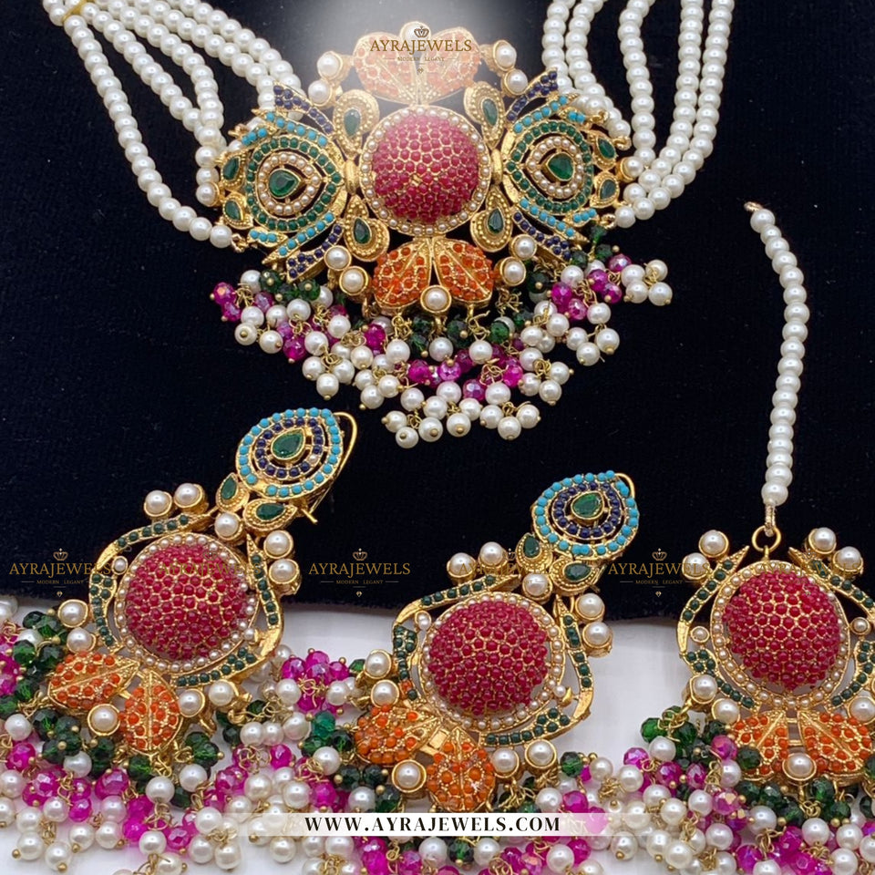 Nouratan Choker Set with Earrings & Teeka – Multi Color Party Wear Jewellery