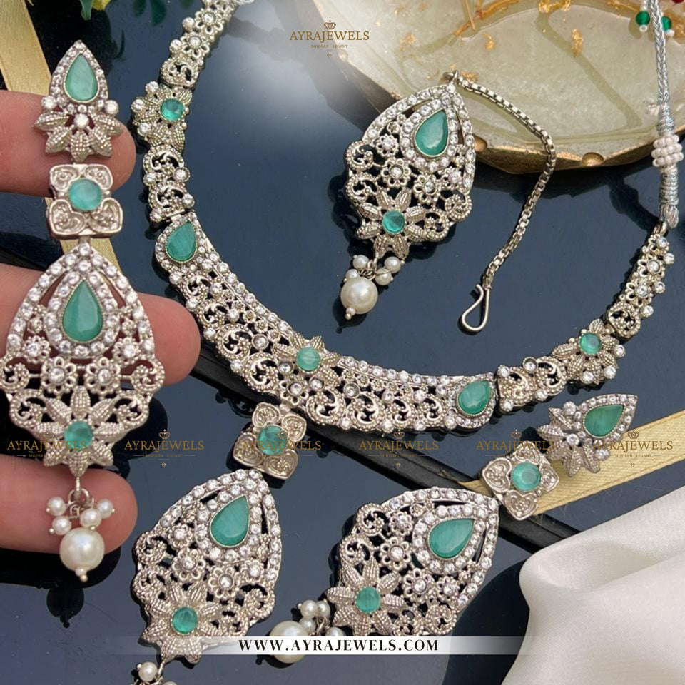 Zarcon Party Wear Necklace with Earrings & Teeka – Elegant Gold & Silver Finish