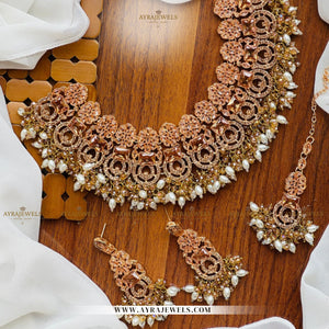 Zarcon Party Wear Necklace with Earrings & Teeka – Gold & Silver Finish