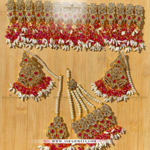 Zarcon Bridal Set Kit – Choker, Earrings, Teeka & Jhoomar | Champagne with Red-Orange