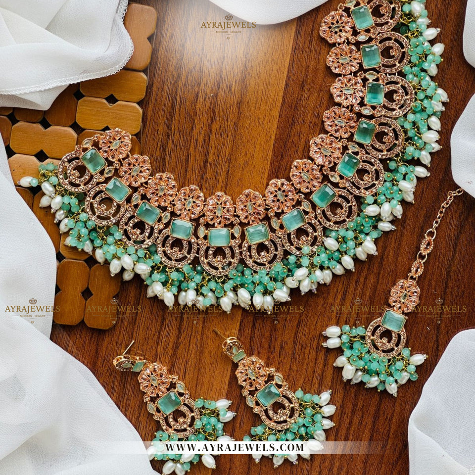 Zarcon Party Wear Necklace with Earrings & Teeka – Gold & Silver Finish