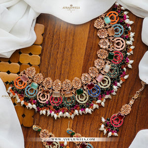 Zarcon Party Wear Necklace with Earrings & Teeka – Gold & Silver Finish