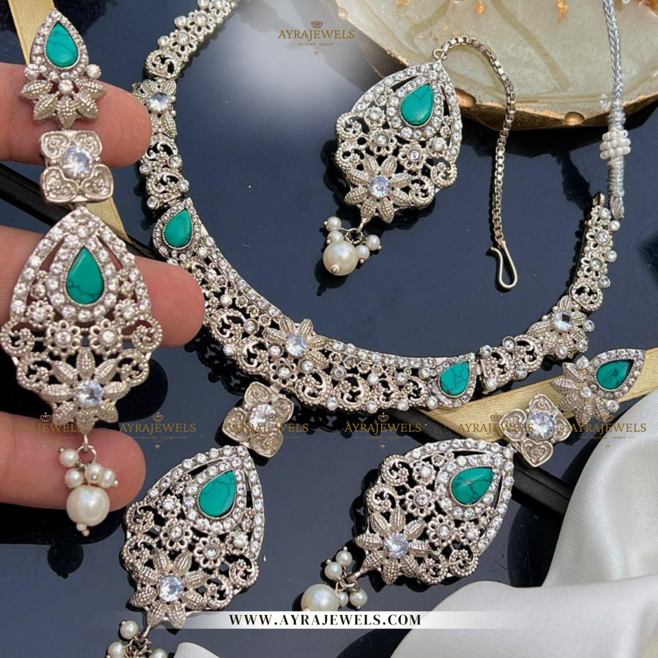 Zarcon Party Wear Necklace with Earrings & Teeka – Elegant Gold & Silver Finish