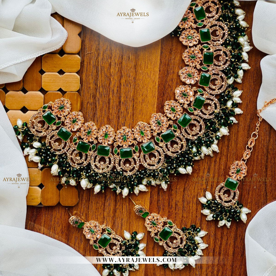 Zarcon Party Wear Necklace with Earrings & Teeka – Gold & Silver Finish