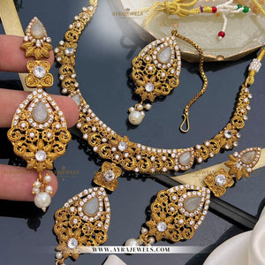 Zarcon Party Wear Necklace with Earrings & Teeka – Elegant Gold & Silver Finish