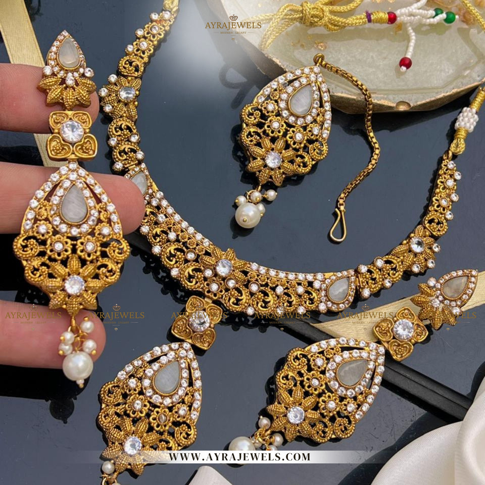 Zarcon Party Wear Necklace with Earrings & Teeka – Elegant Gold & Silver Finish