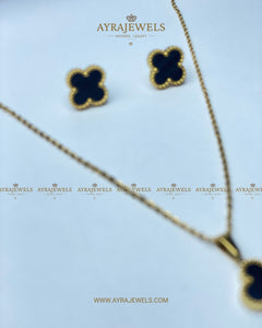 Chic Gold & Black Clover Necklace and Earring Set - Ayra Jewels