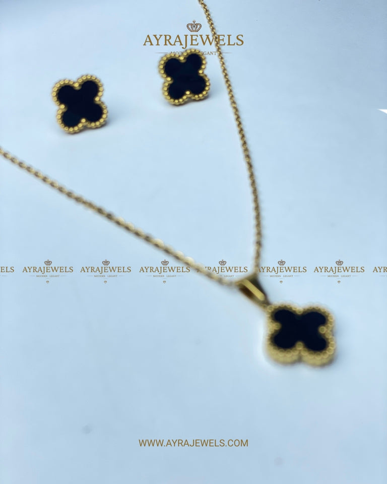 Chic Gold & Black Clover Necklace and Earring Set - Ayra Jewels