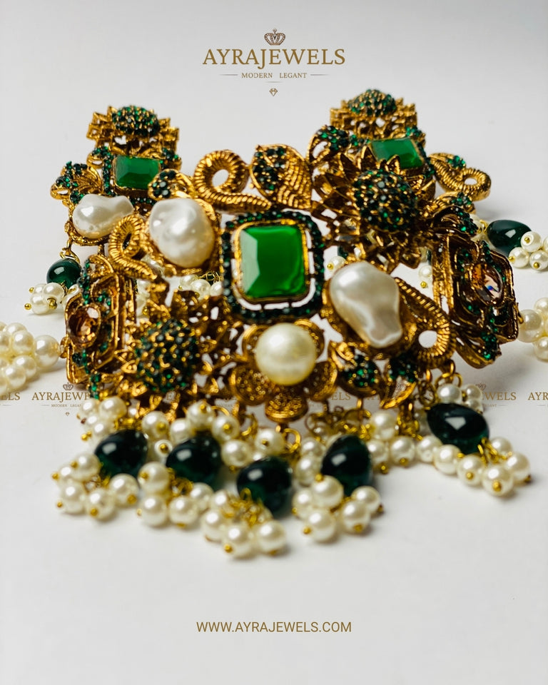 Traditional Green & Pearl Stonework Choker Set | Gold-Plated Pakistani Bridal Necklace with Earrings