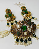 Traditional Green & Pearl Stonework Choker Set | Gold-Plated Pakistani Bridal Necklace with Earrings